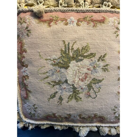 Vintage Needlepoint Pillow | Hand Embroidered Wool Floral Cushion - Picture 2 of 6
